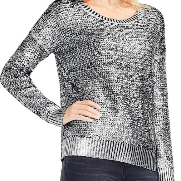 Two by Vince Camuto Black Chunky Knit Silver Metallic Coated Pullover Sweater - Picture 1 of 12